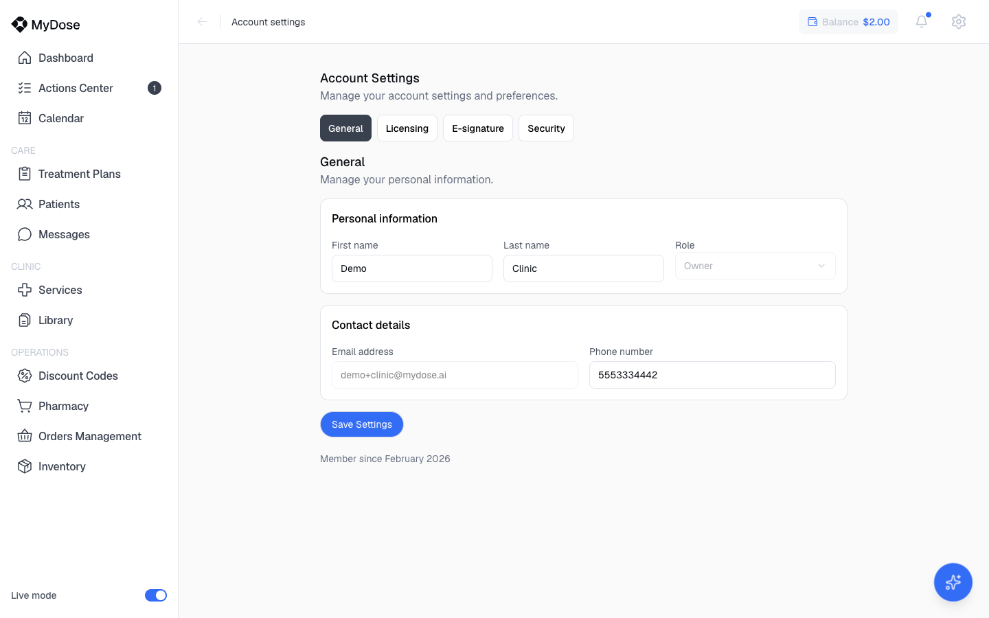 Account Settings - General tab