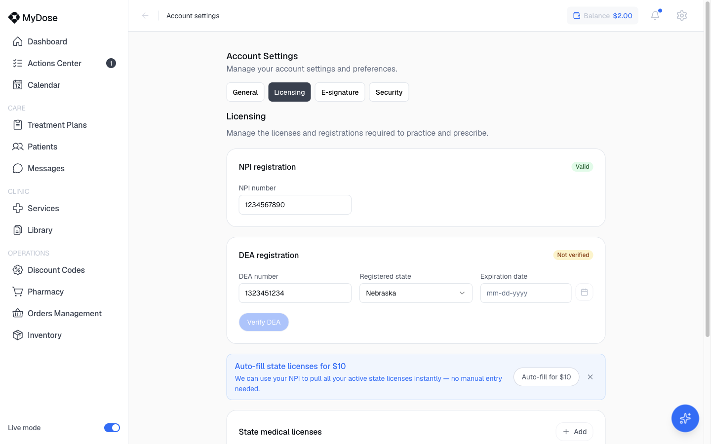 Licensing tab with NPI, DEA, and state licenses