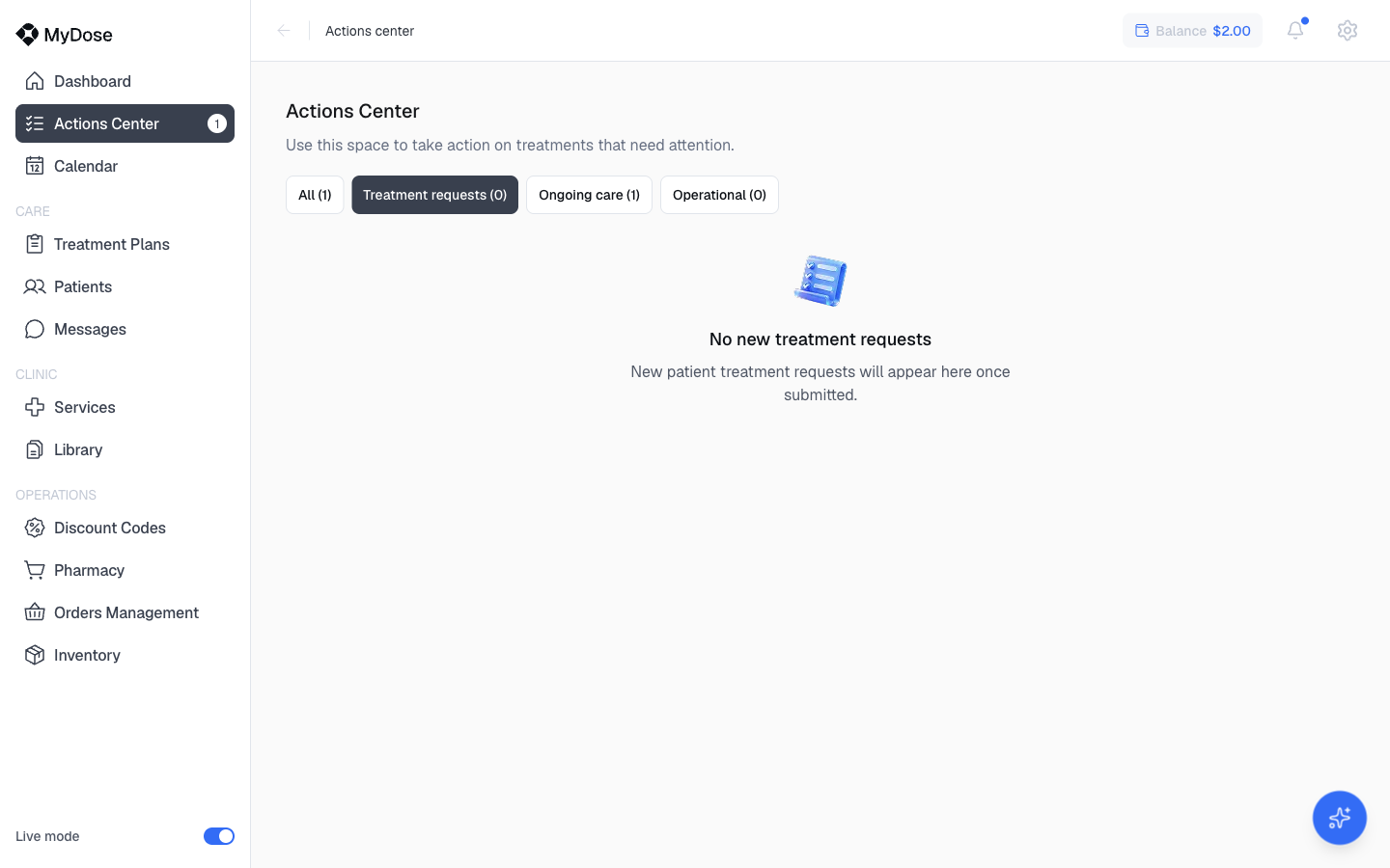 An empty Actions Center tab