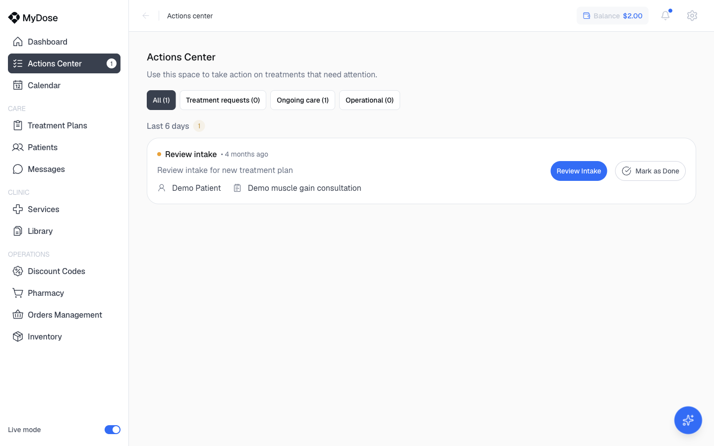 Actions Center queue with an intake waiting for review
