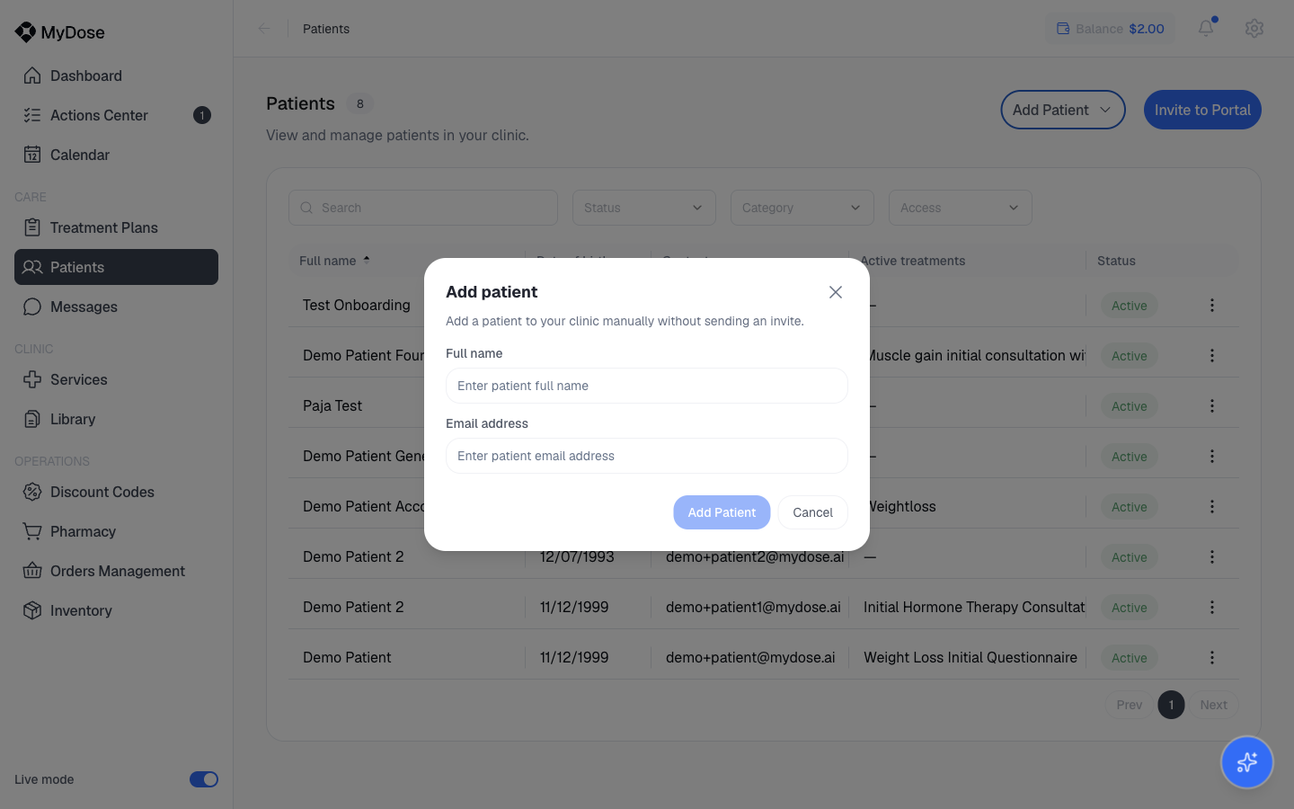 Add patient panel
