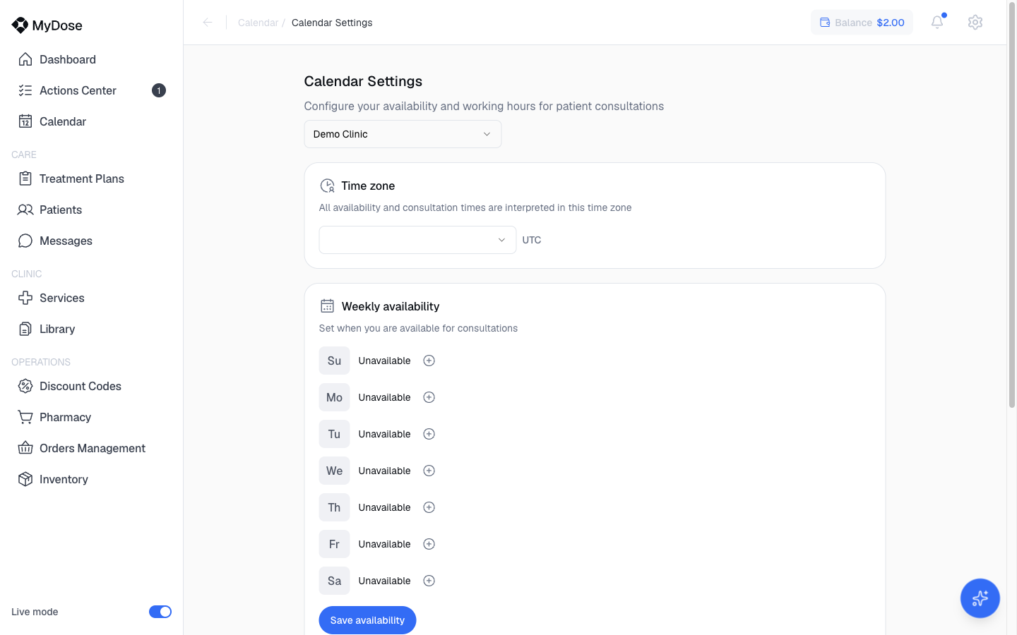 Calendar Settings with weekly availability