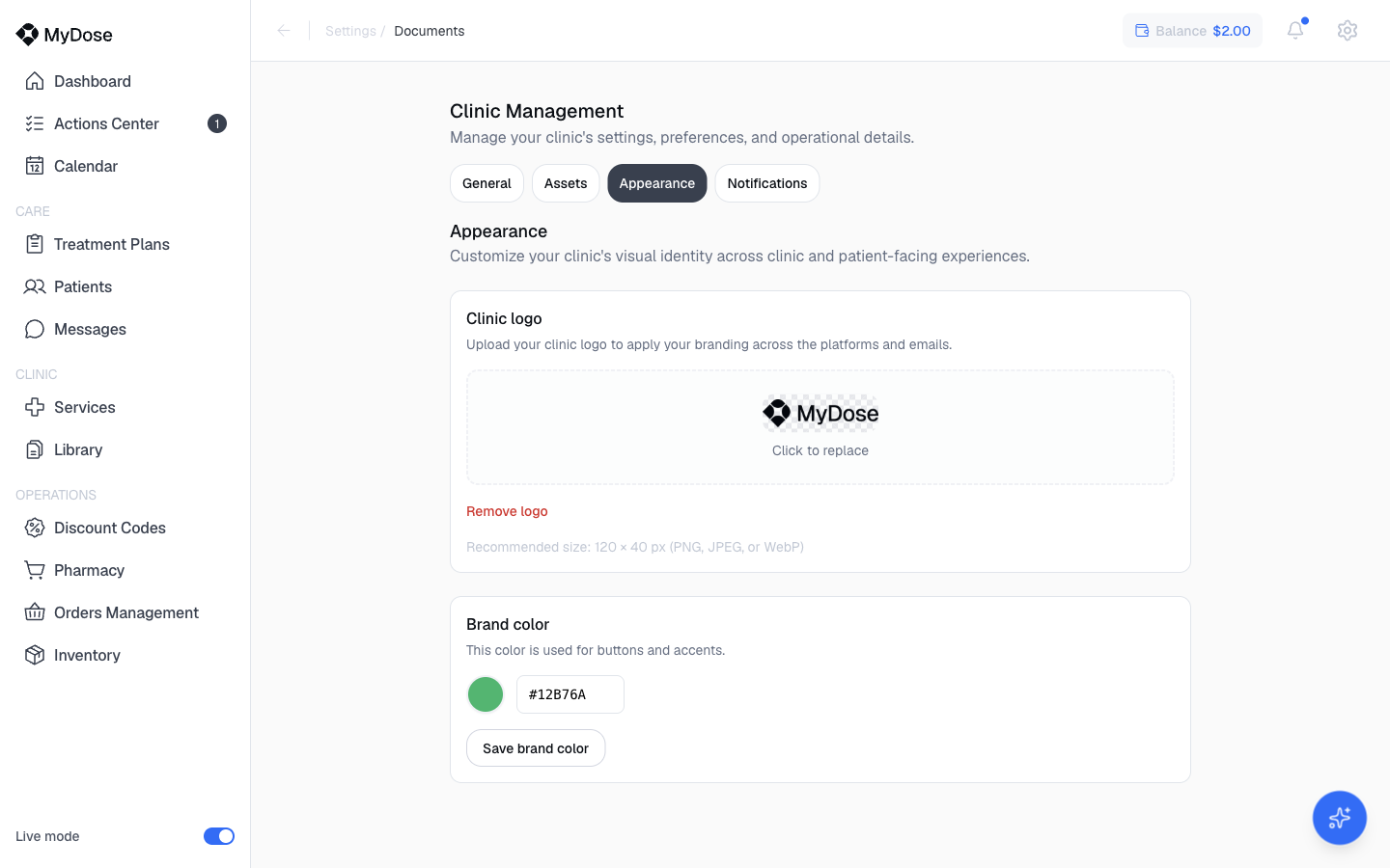 Appearance tab with logo and brand color