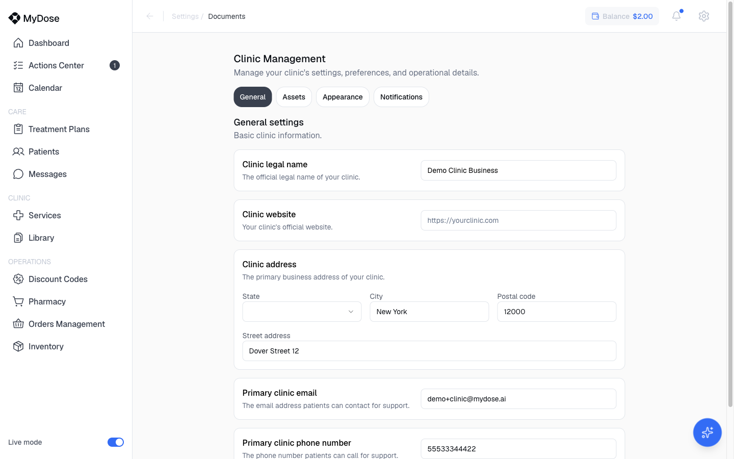 Clinic Management - General settings