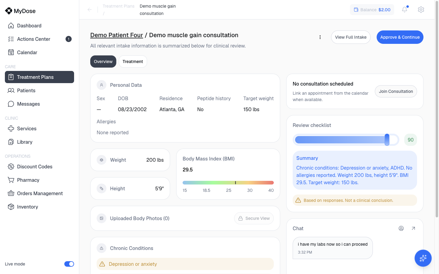 Intake review screen with health summary, review checklist, and approval actions