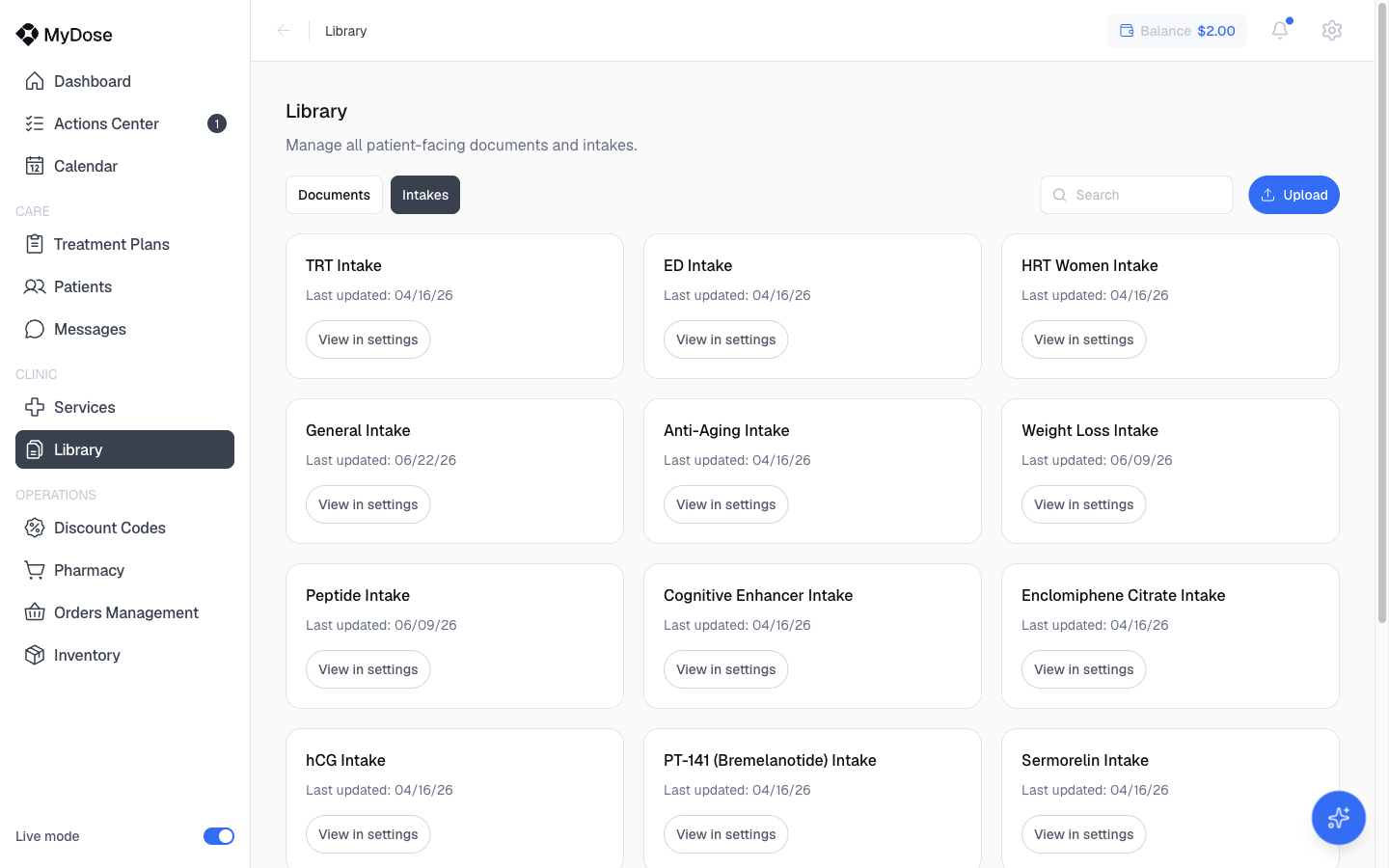 Library Intakes tab