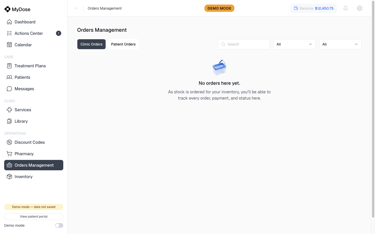 Orders Management - Clinic Orders tab