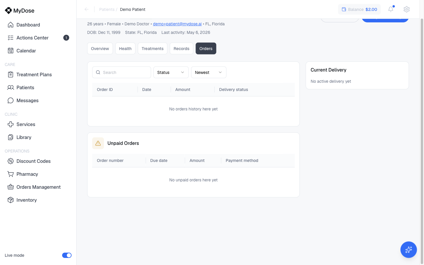 Patient profile Orders tab