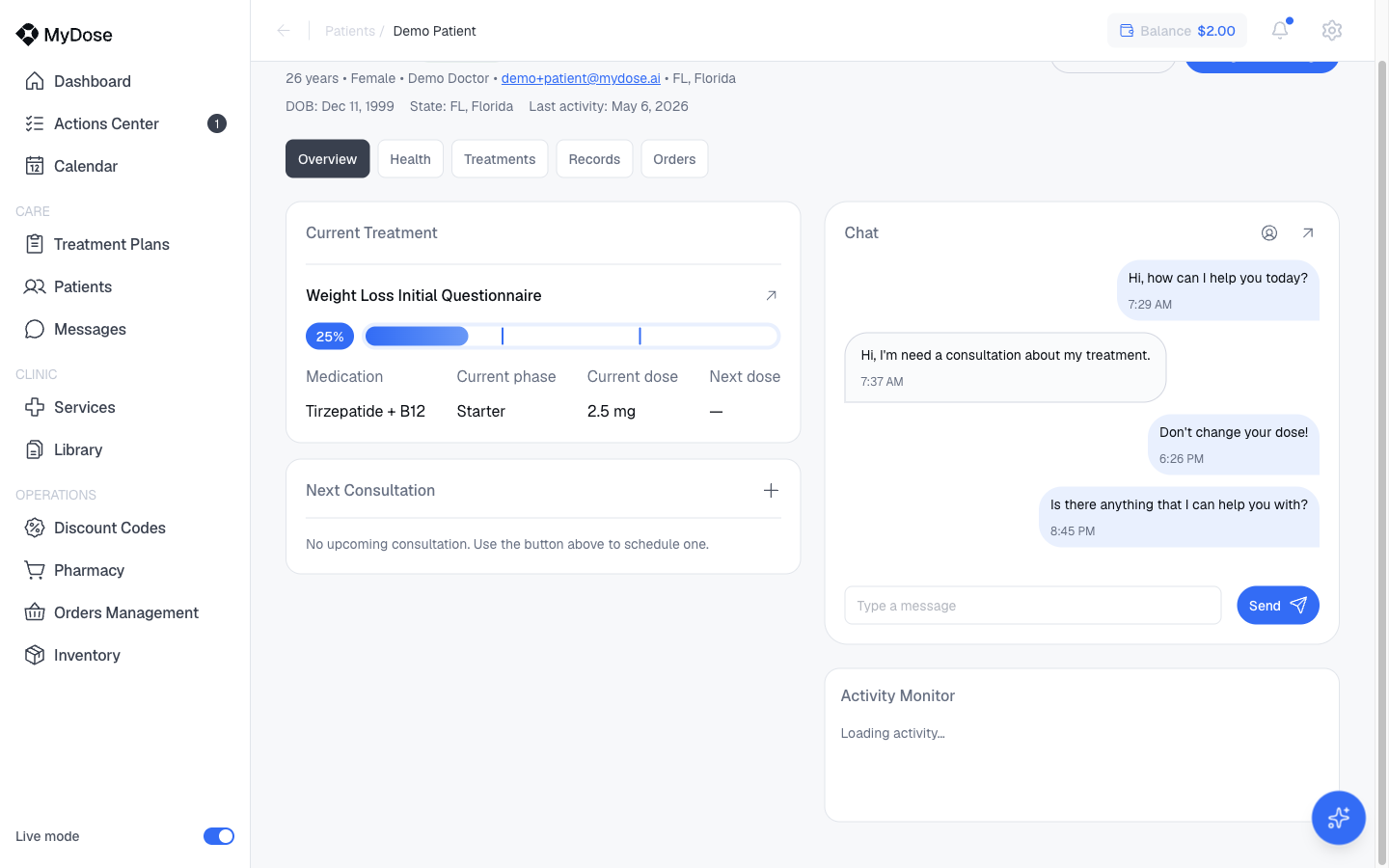 Patient profile with the Assign a Package quick action