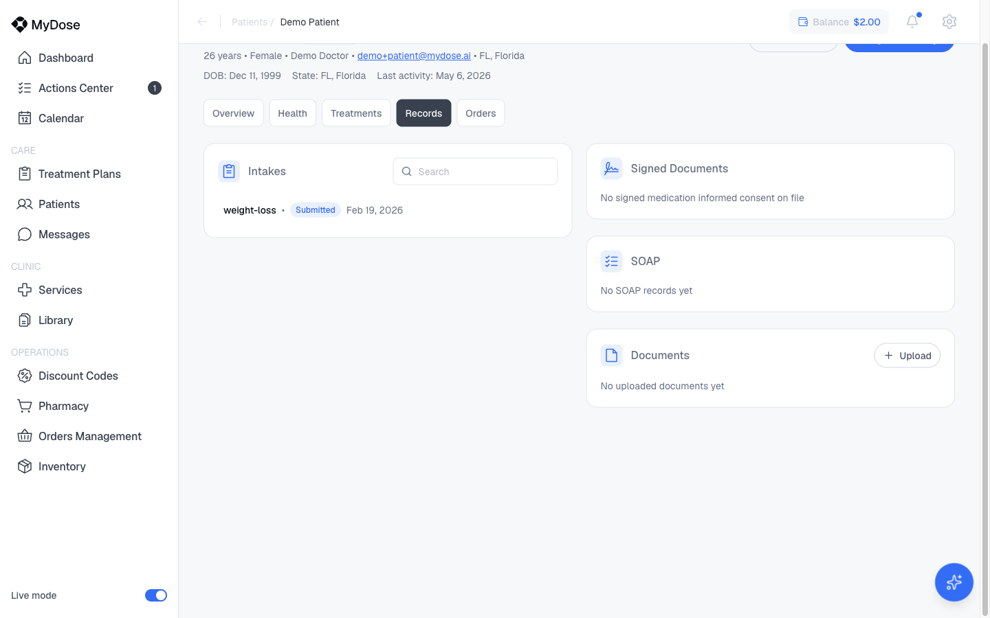 Patient Records tab with intakes and documents