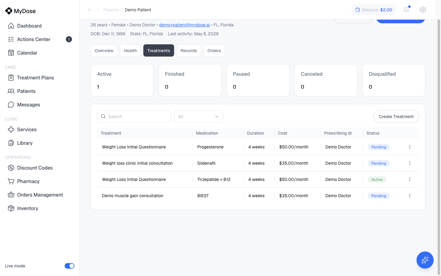 Patient Treatments tab with statuses and costs