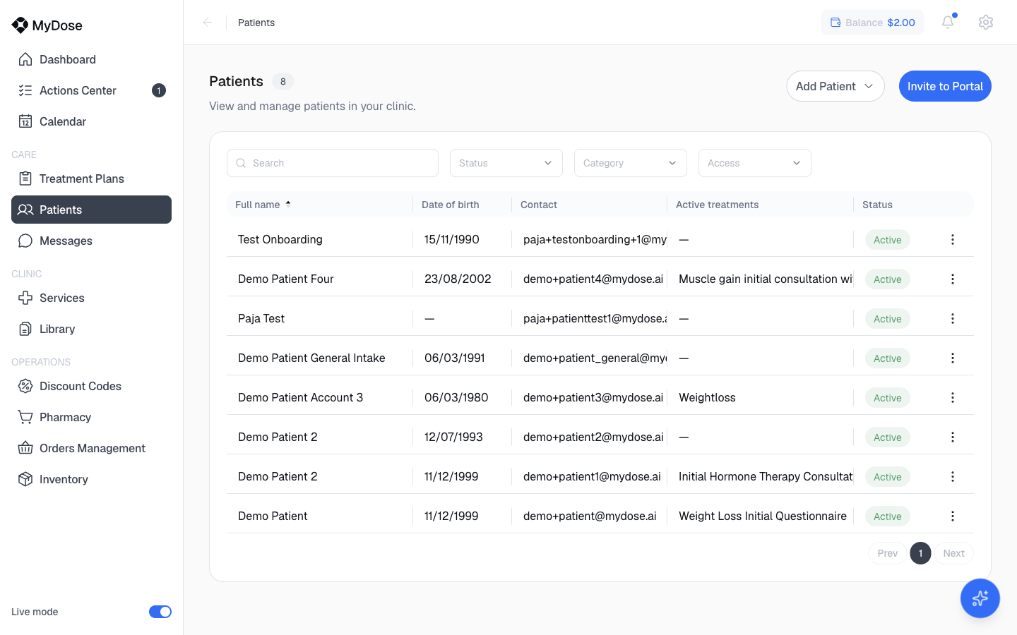 Patients list with search and filters