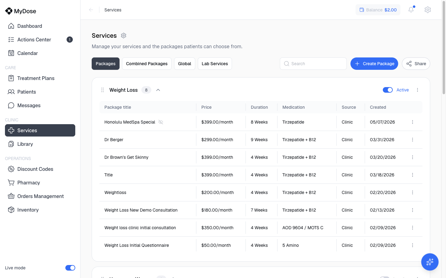 Services catalog Packages tab