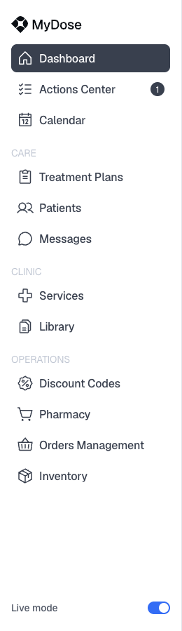 Clinic portal sidebar navigation