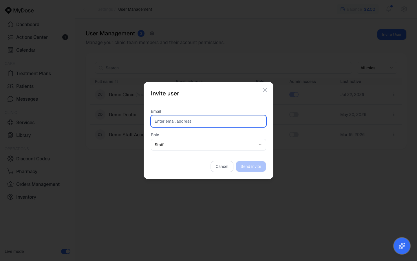 Invite user modal