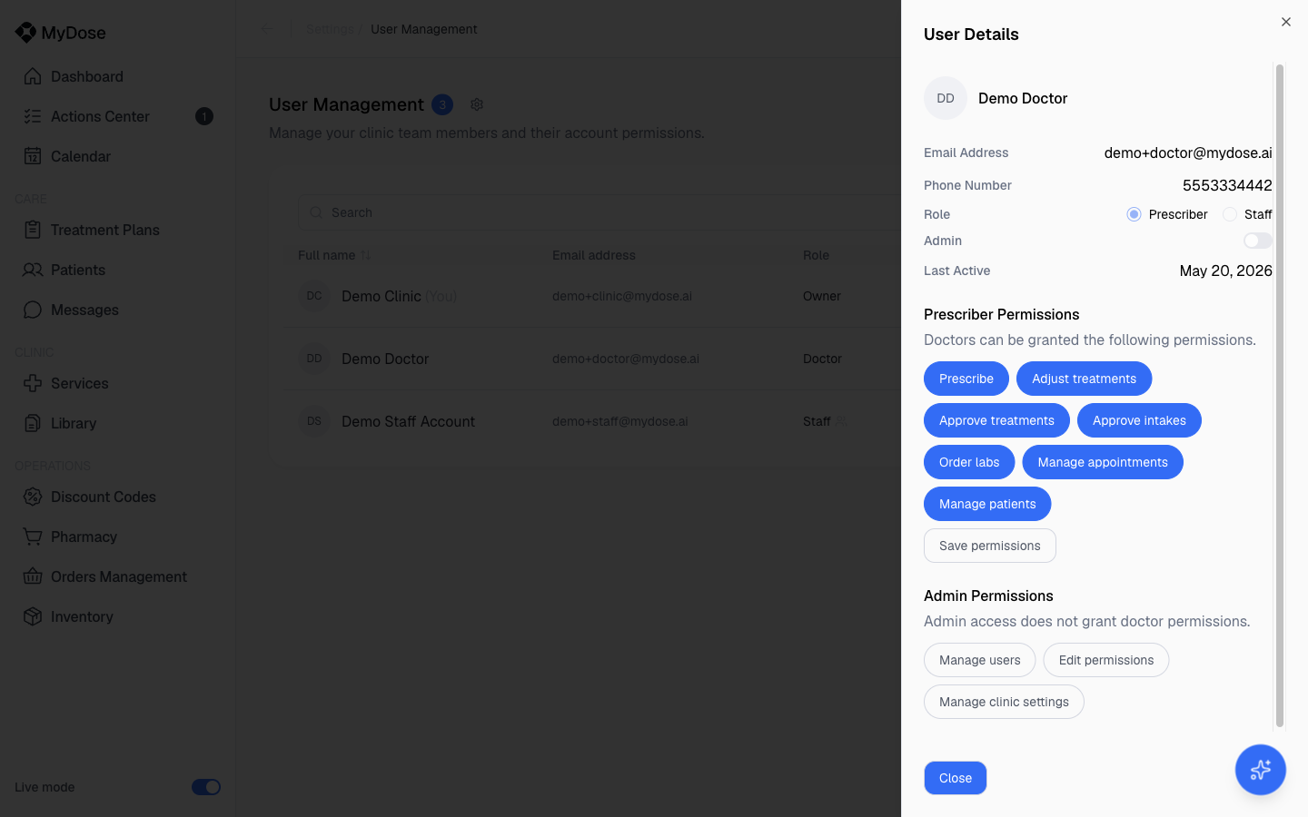 User Details dialog with permission toggles