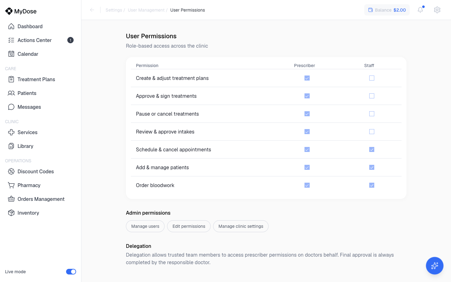 User Permissions matrix - role-based access across the clinic