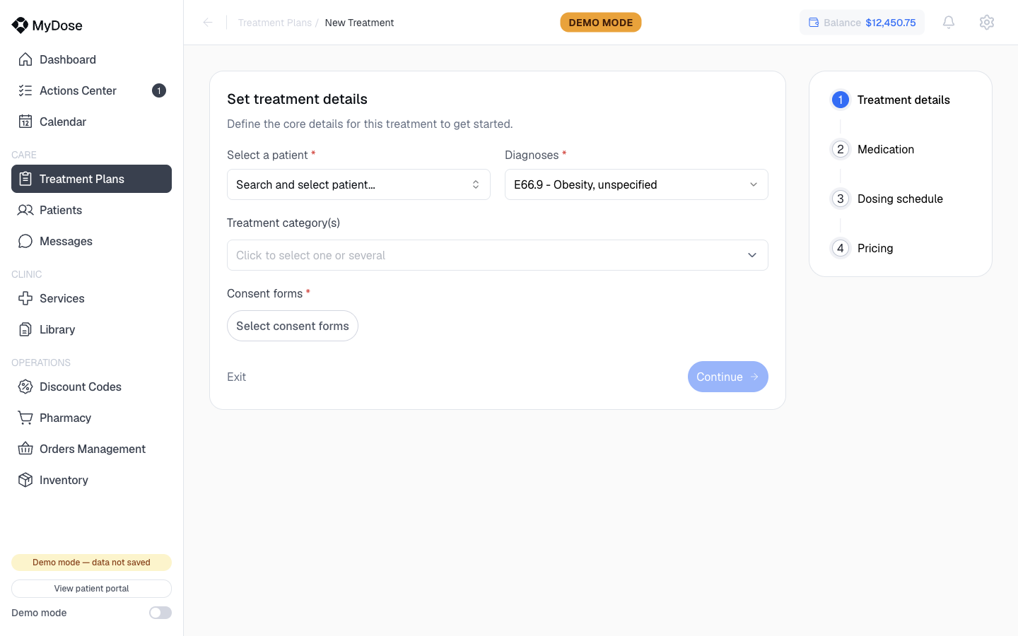 Set treatment details - new treatment screen