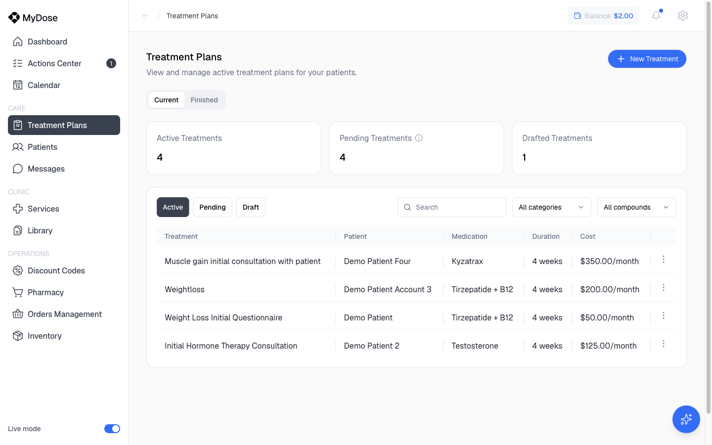 Treatment plans list