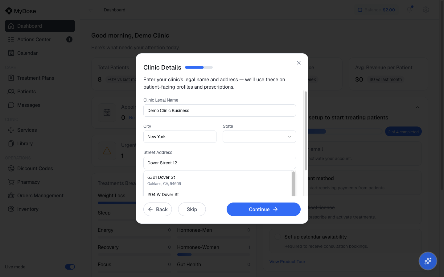 Viva setup assistant - Clinic Details step